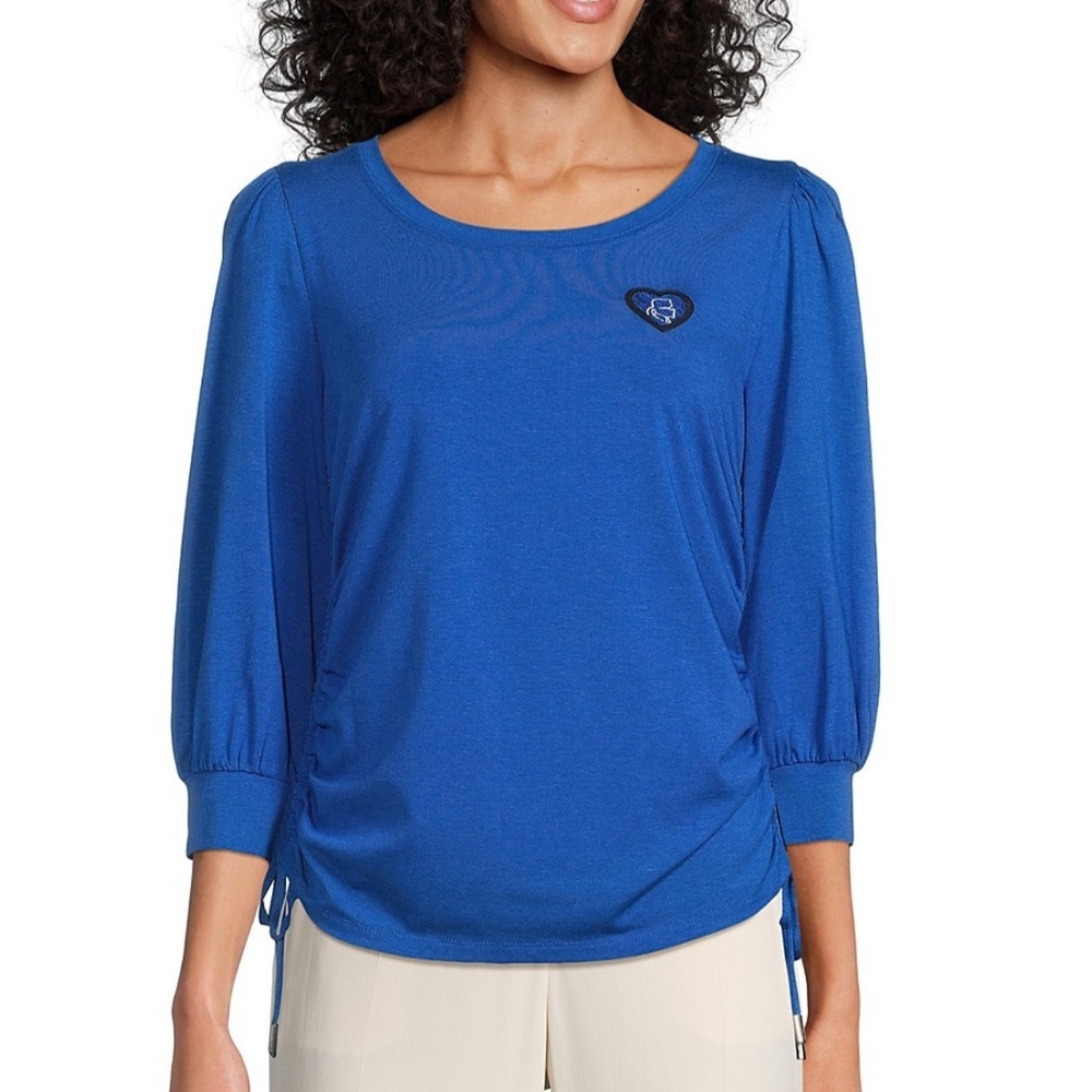 Karl Lagerfeld Paris Blue Ruched Sleeve Top - Size L - Women's Blouse